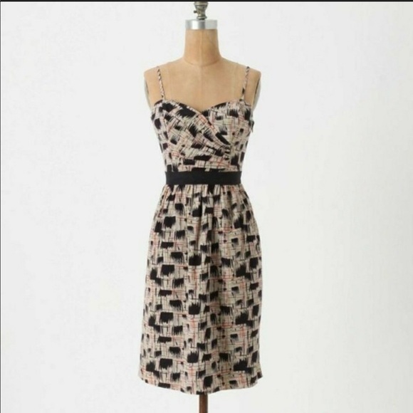 Burlapp Anthropologie Watercolor Abstract Fit+Flare Dress Sleeveless Beige - Picture 1 of 7